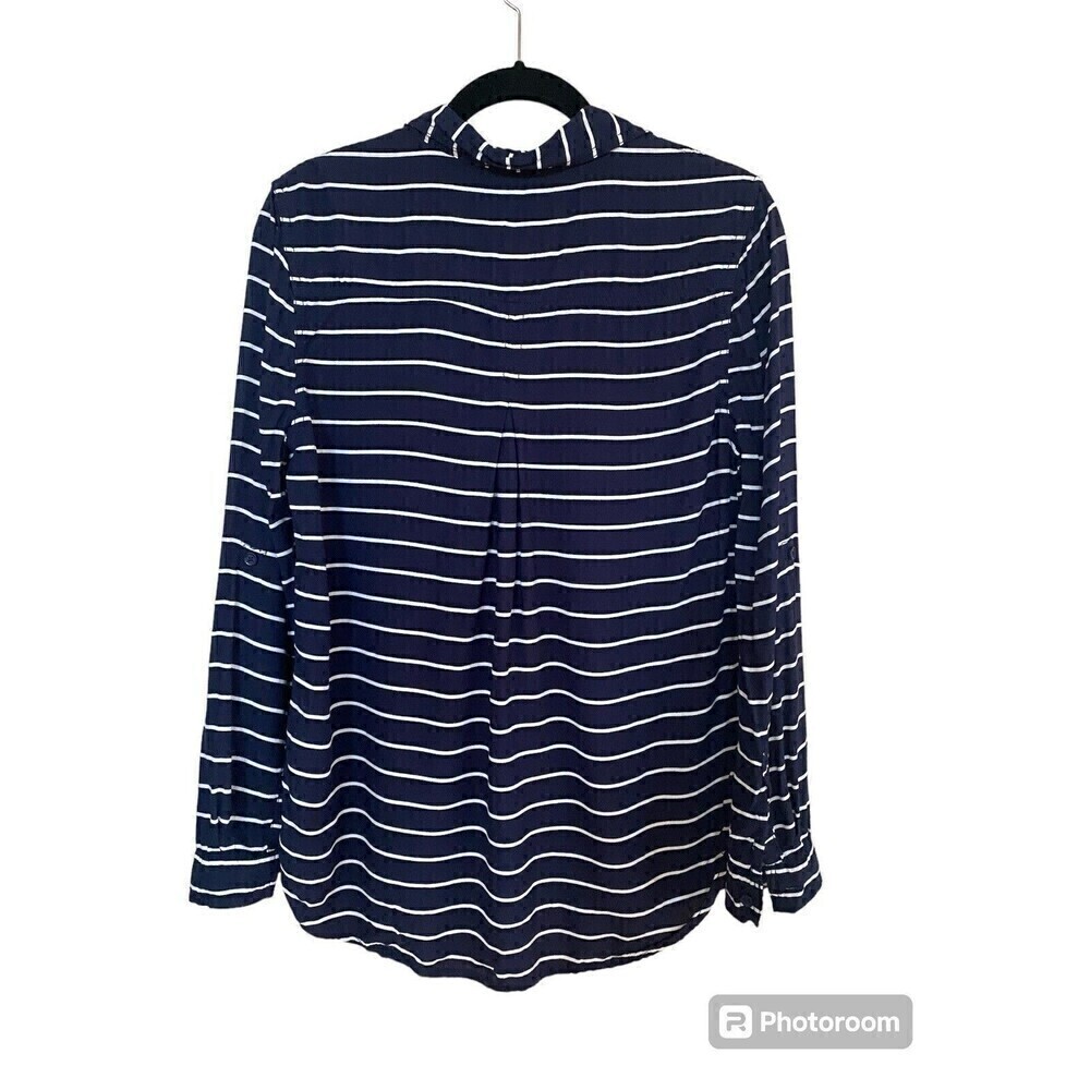 Beach Lunch Lounge Top M Stripe Tie Front Shirt Button Down Navy Long Sleeve - Picture 2 of 4